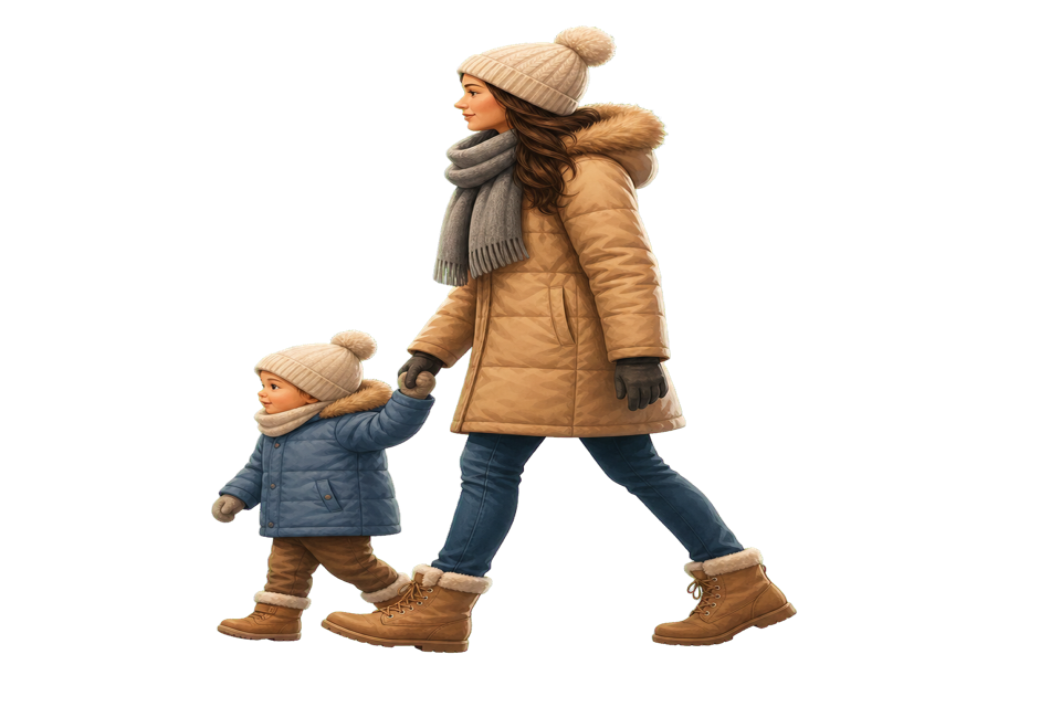 Parent walking with a warmly dressed child