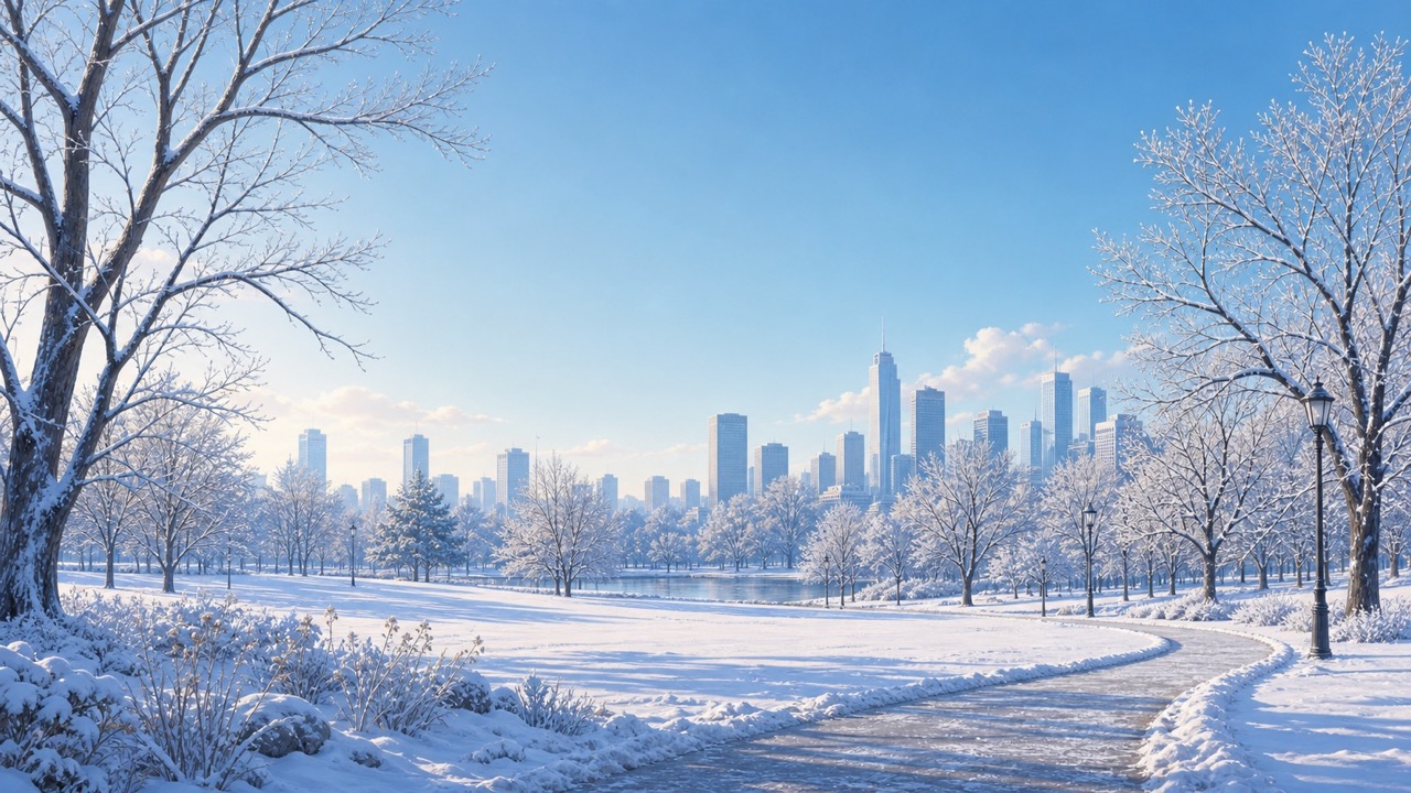 Snow-covered park under a clear winter sky